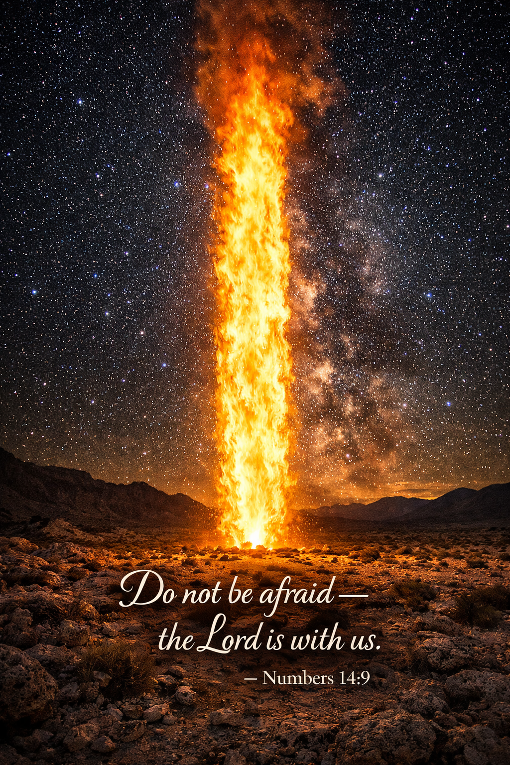 Pillar of fire rising from desert rock formation no people just fire and stone dramatic night sky italic text lower portion -- Numbers 14:9 pillar fire vertical wallpaper